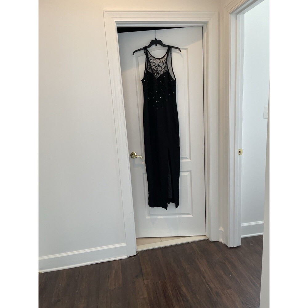 Women’s Black Sheer Mesh Beaded Sequin Bodice Maxi Dress Sleeveless Zip Back 8